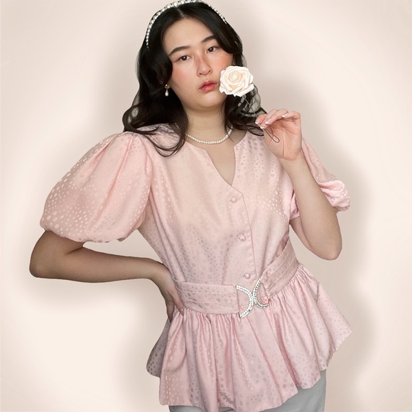 Vintage pink puffed sleeve rhinestone belted silk - Picture 2 of 4